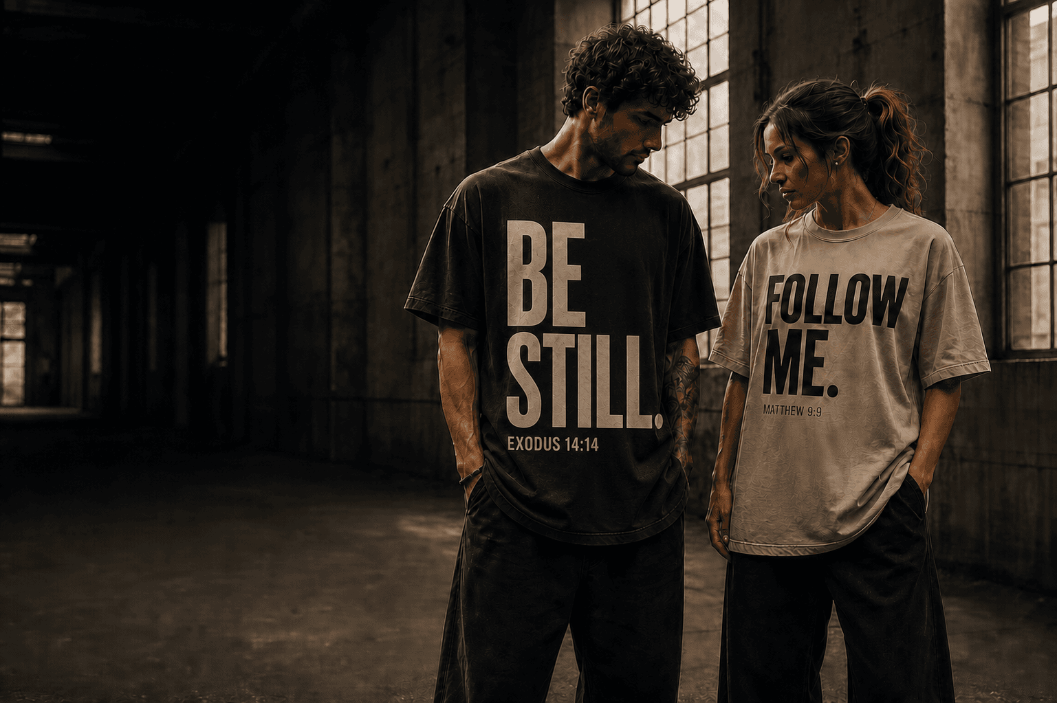 Man wearing a BE STILL Exodus 14:14 tee beside a woman wearing a FOLLOW ME Matthew 9:9 tee